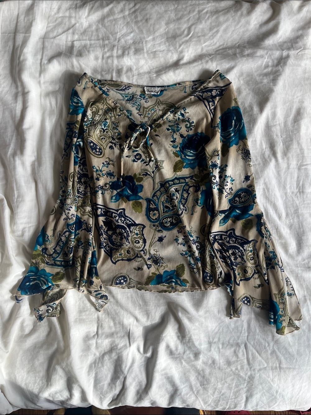 Charlotte Russe Beige Blouse with Teal & Navy Paisley Floral